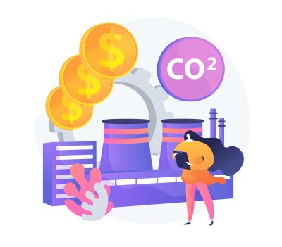 Clean economy. Eco friendly facility. CO2 consuming by factory. Reduce pollution, save environment, safe manufacturing. Dioxide carbon use. Vector isolated concept metaphor illustration.